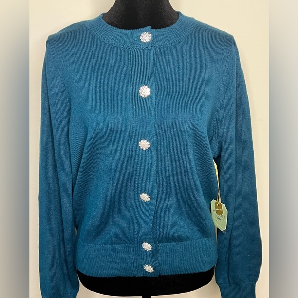 NWT Rye grass Cashmere blend button up cardigan. Rhinestone buttons Teal large - Picture 2 of 7